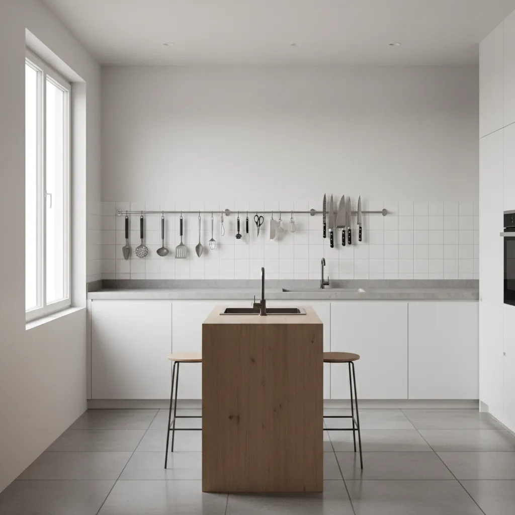 Small home kitchen using wall rails and magnetic strips for utensil storage