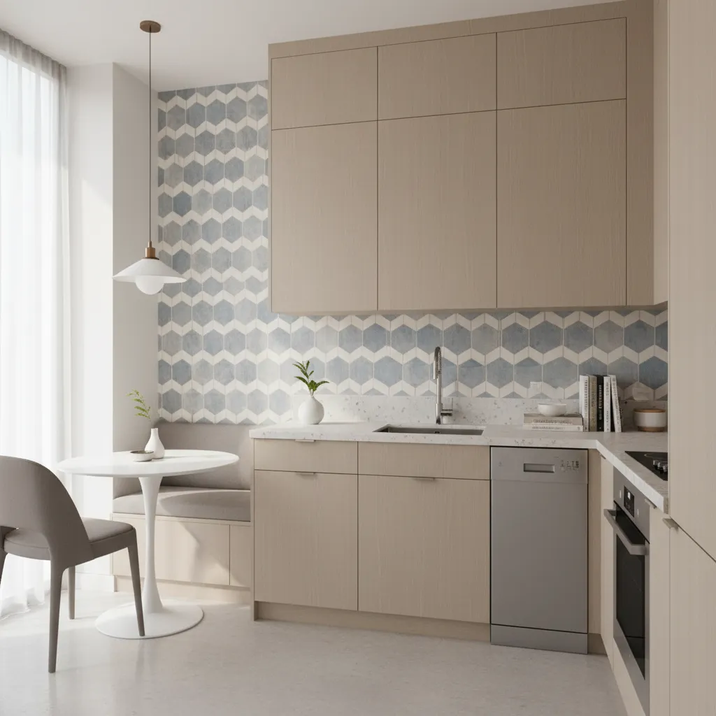 Small kitchen with patterned wallpaper accent wall above countertop