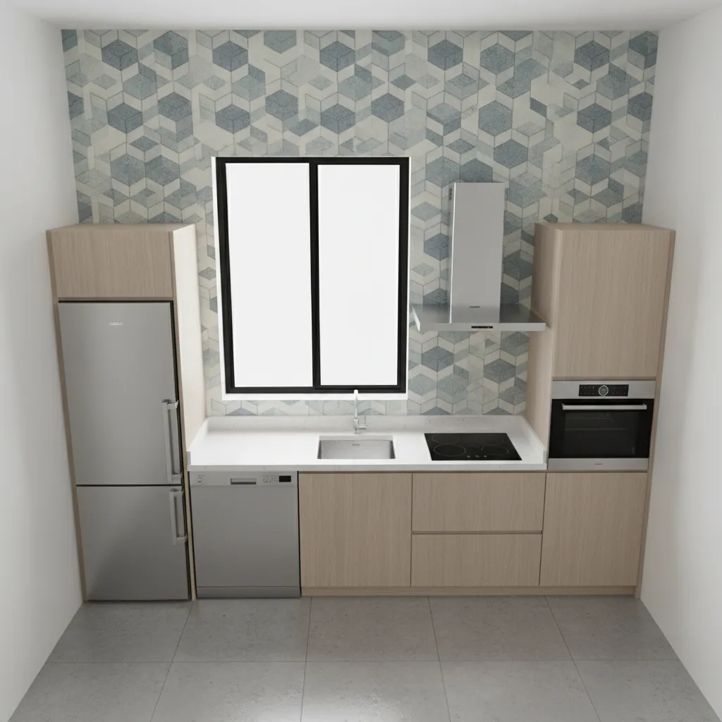 3D visualization preview of wallpaper layout in small kitchen