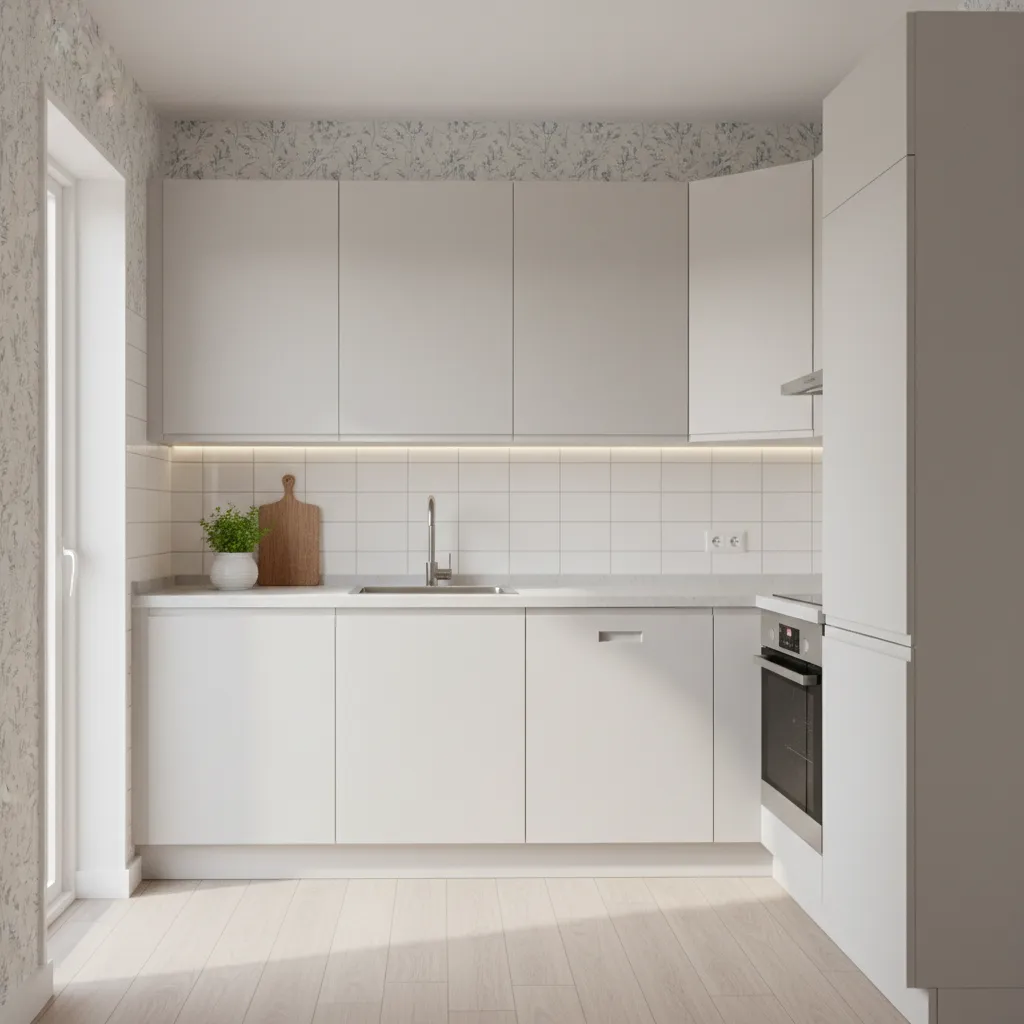 Compact kitchen layout with wallpaper above backsplash and cabinets
