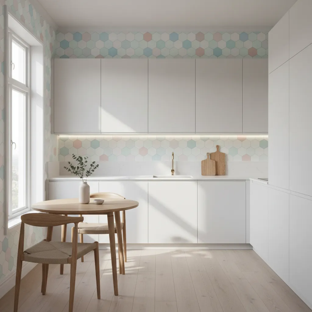 Compact kitchen with bright wallpaper making space feel larger