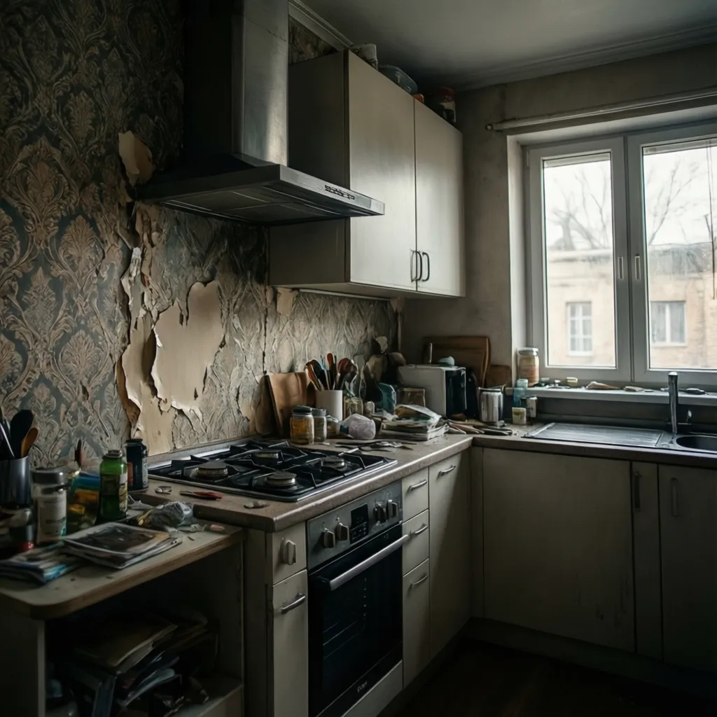 Peeling wallpaper corner in a small kitchen near cooking area