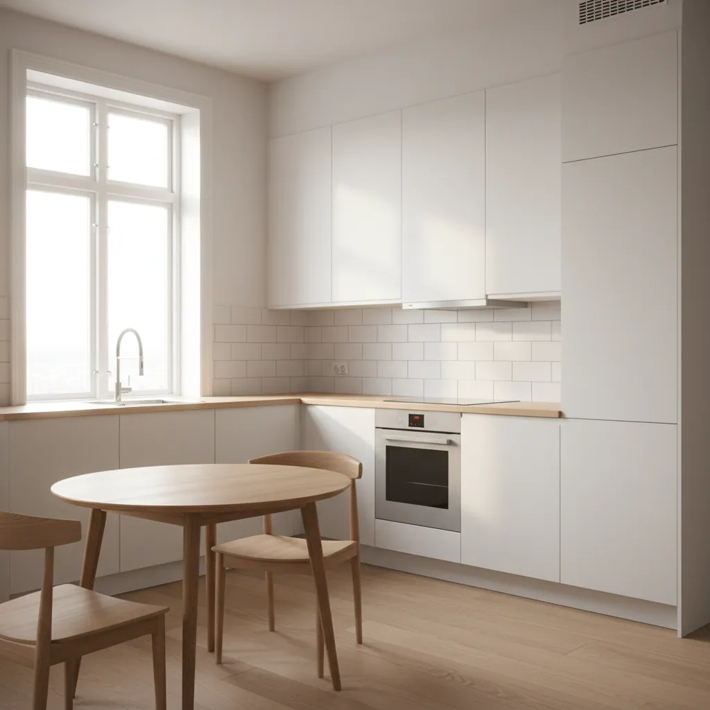 small bright kitchen with white cabinets and natural light