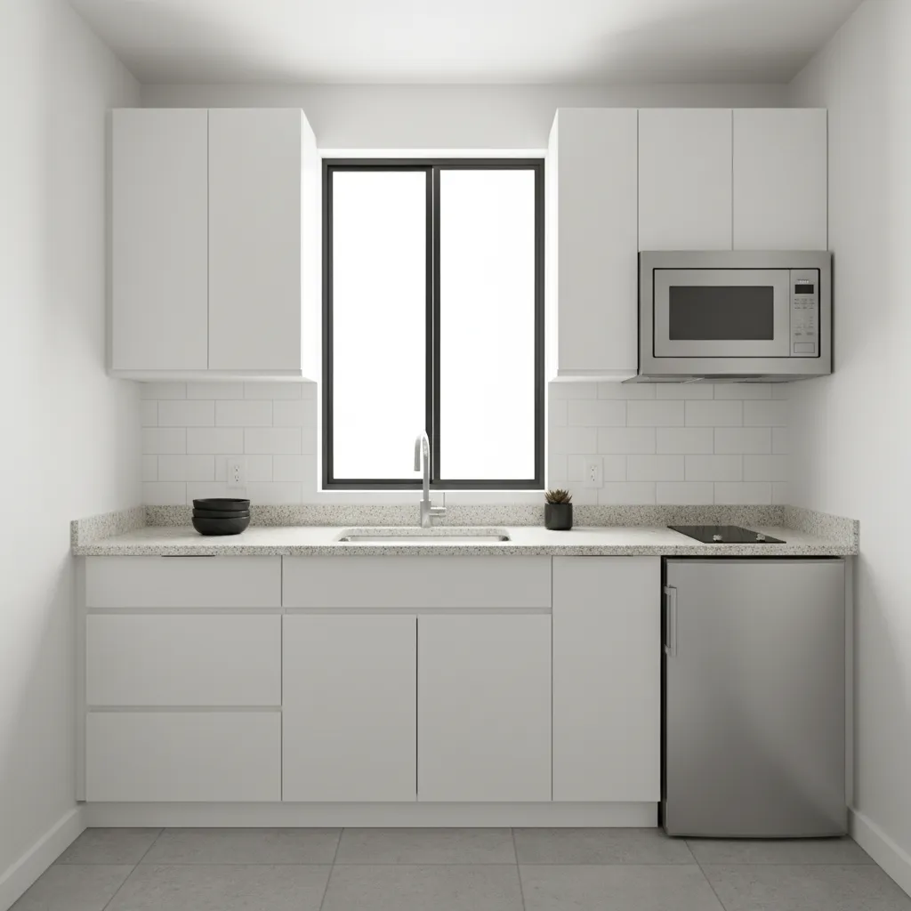 small kitchen design with white cabinets and light granite countertops