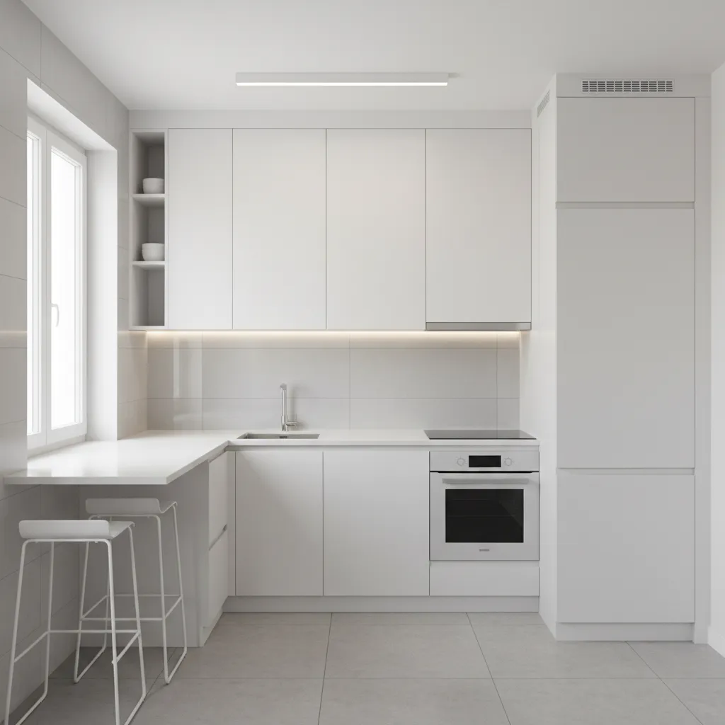 Compact kitchen with optimized white cabinets making the space appear larger