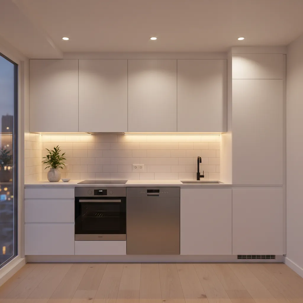 white kitchen cabinets with warm under cabinet lighting