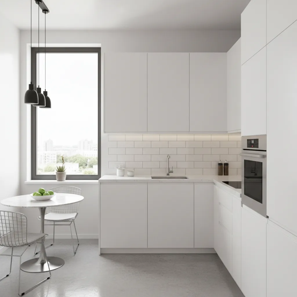 natural light entering small L shaped kitchen through window