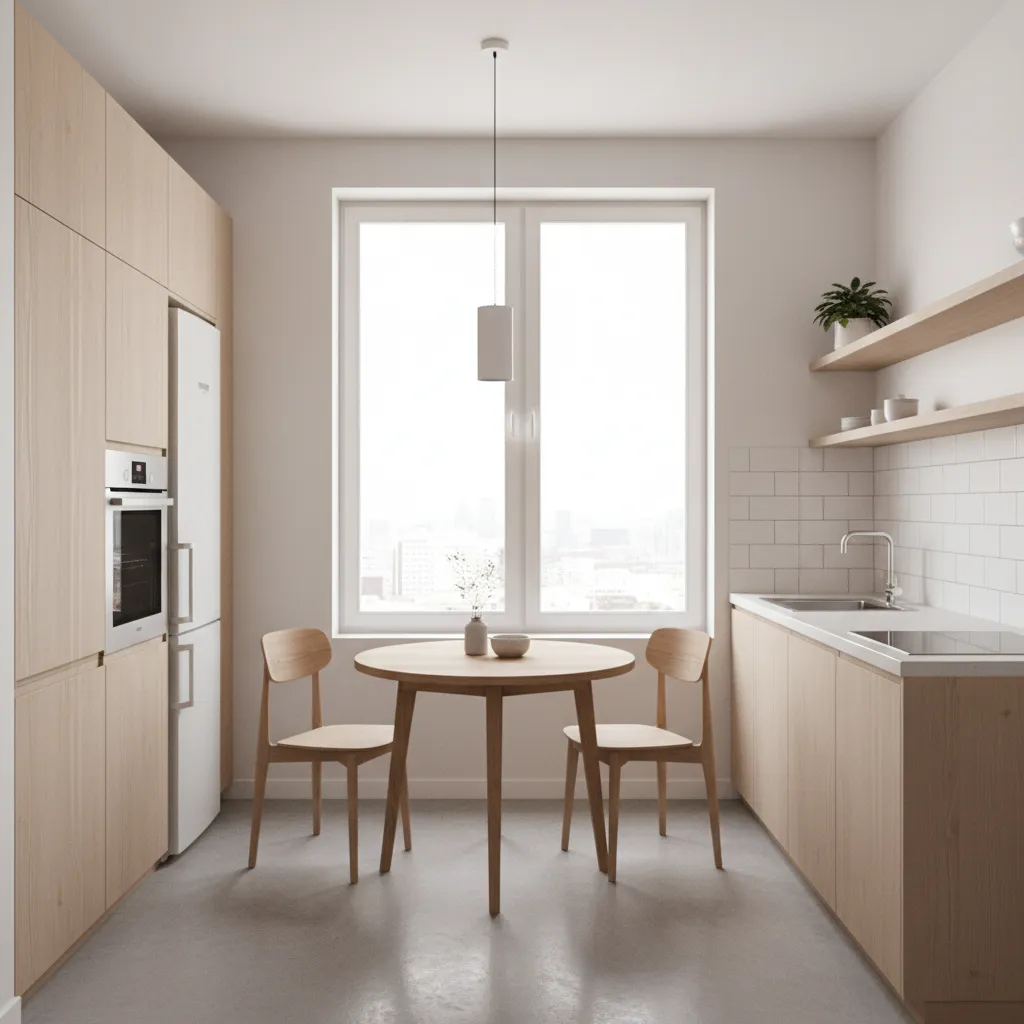 Small kitchen with compact dining table instead of island