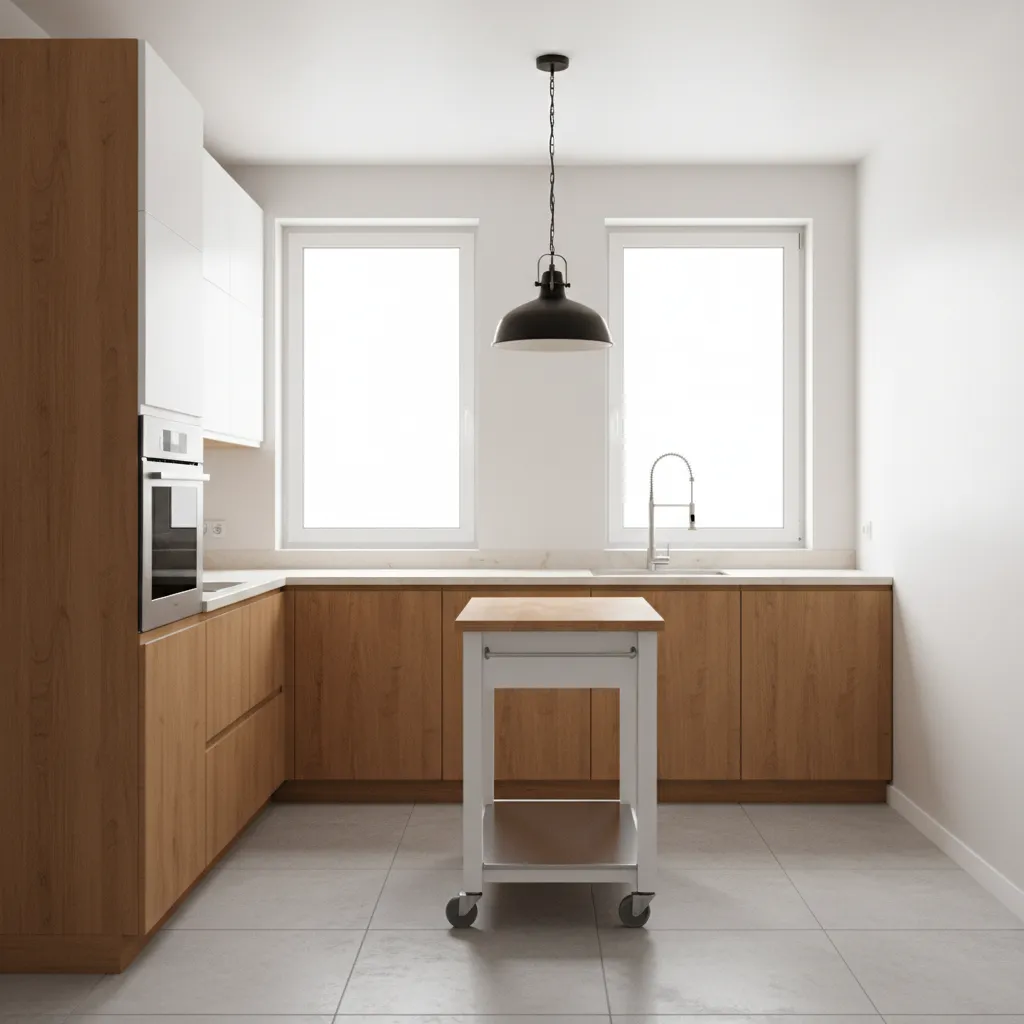 small kitchen with movable rolling island for flexible workspace