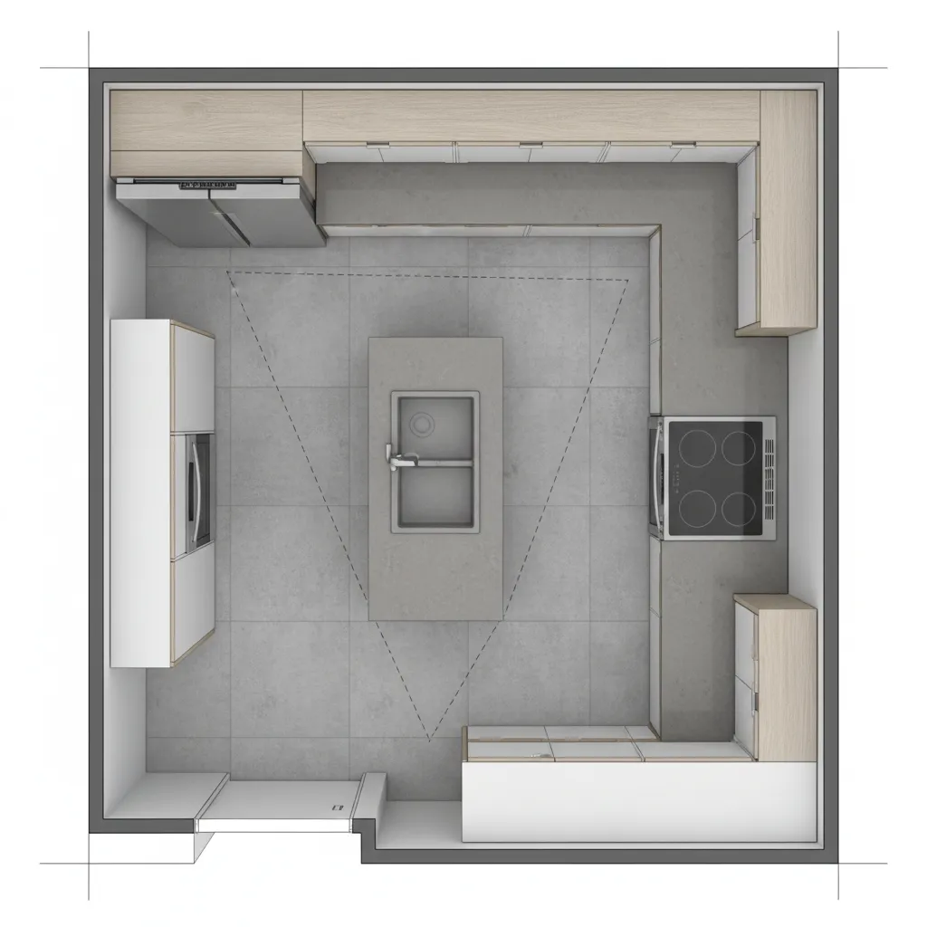 Kitchen layout drawing showing the work triangle connecting sink on island with stove and fridge
