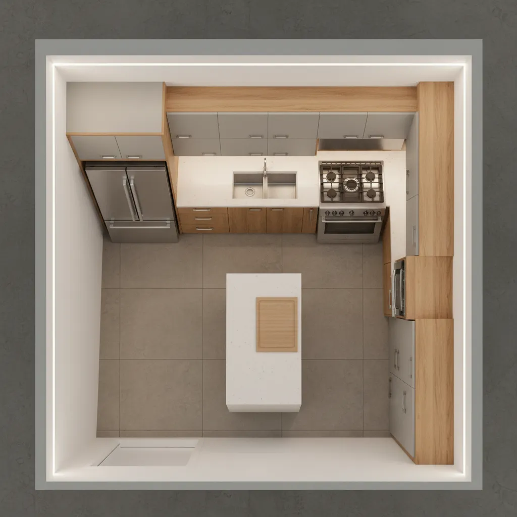 Diagram style kitchen layout showing fridge sink and stove work triangle in small kitchen