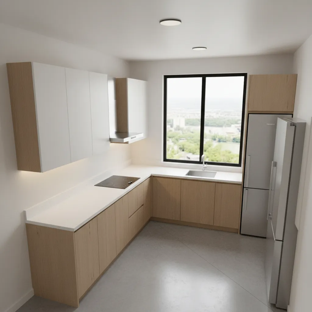 Small kitchen layout illustrating sink stove refrigerator work triangle