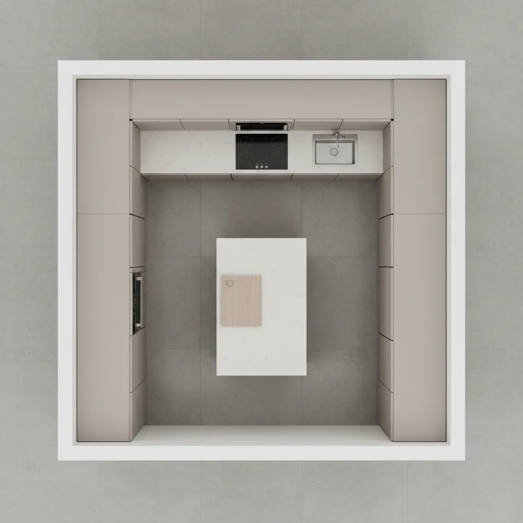 Small kitchen layout showing prep cooking cleaning and storage zones