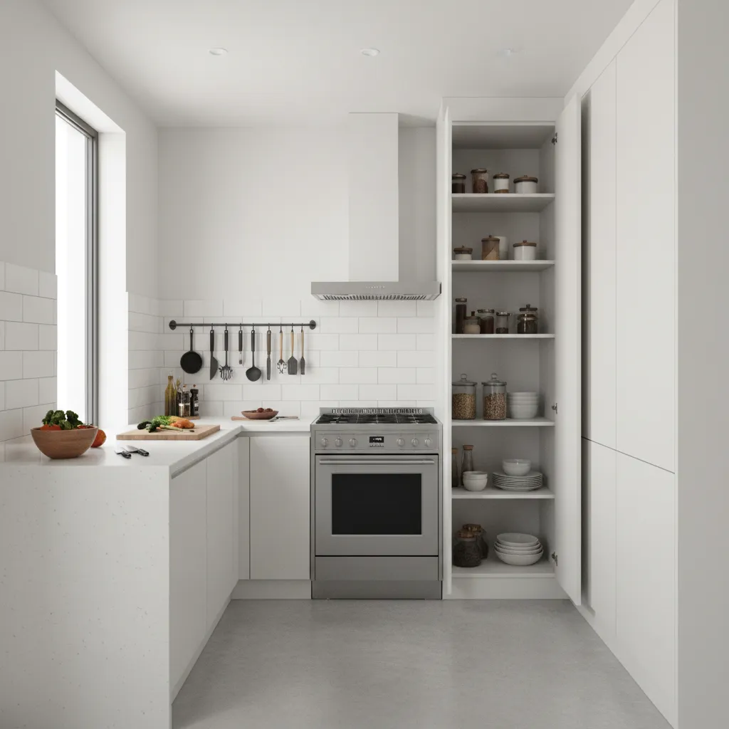small kitchen layout showing prep cooking and storage zones