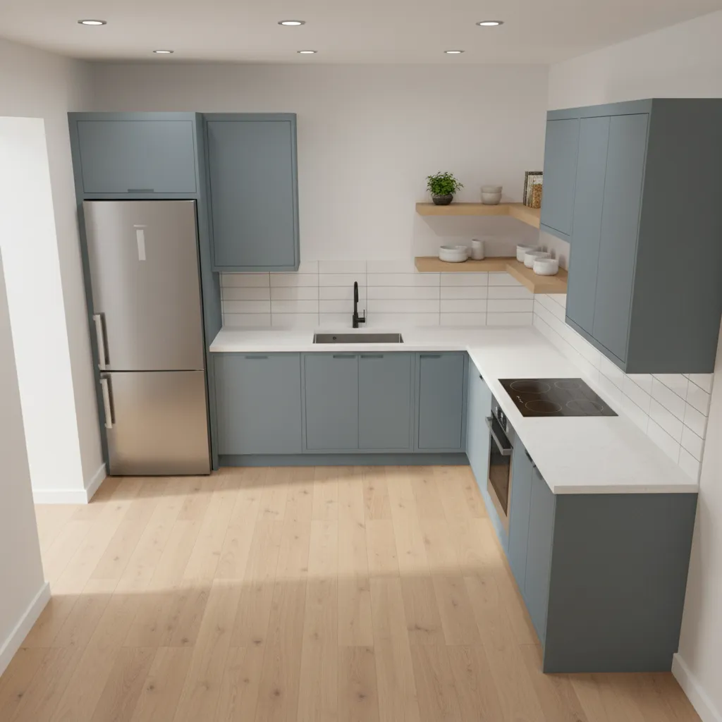 small kitchen layout diagram showing fridge near entrance and clear workflow