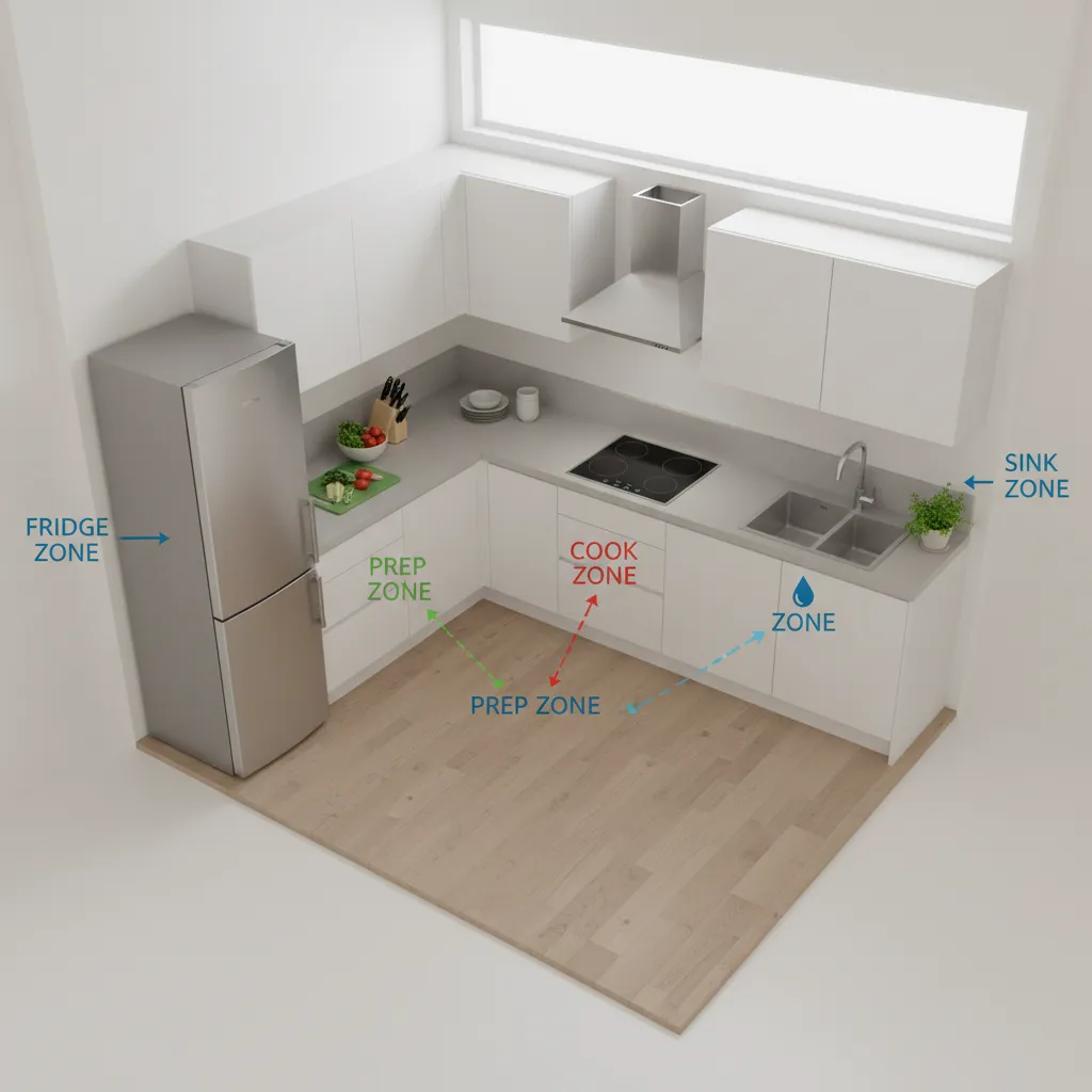small kitchen workflow layout showing fridge prep cook and sink zones
