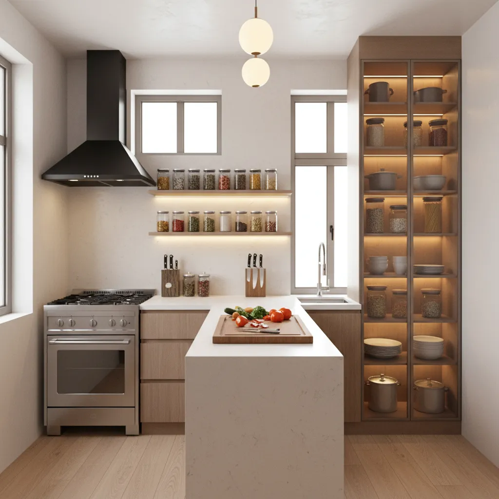 small kitchen organized into cooking prep and storage zones
