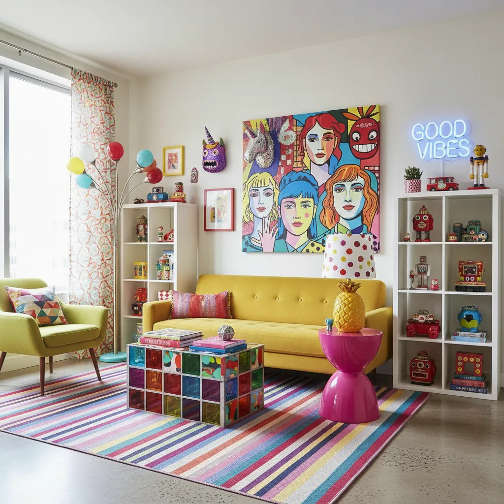 Colorful living room with yellow sofa striped rug neon sign wall art and white shelving