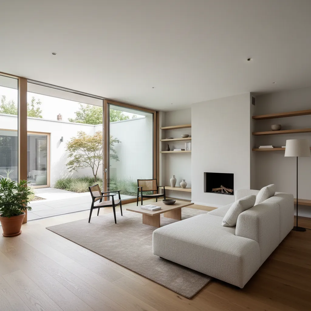 Sala de estar con ventanales hacia el patio en una casa pequeña en L