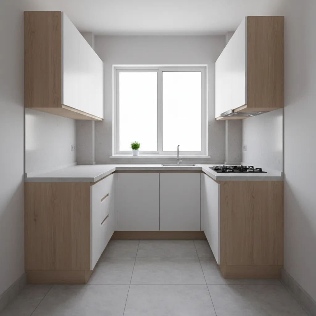 L-shaped cabinet layout in a narrow small kitchen