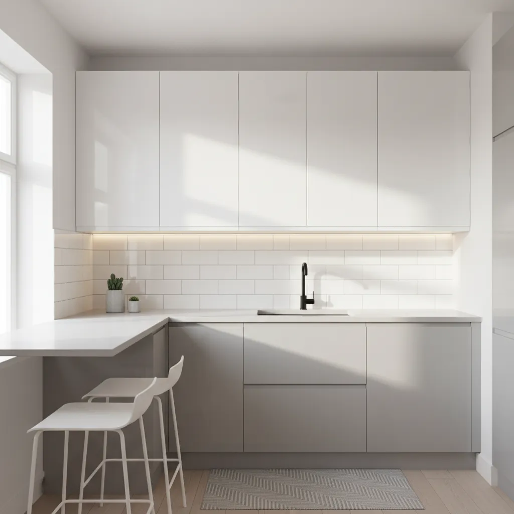 Small L shaped Indian kitchen with light cabinets and LED lighting