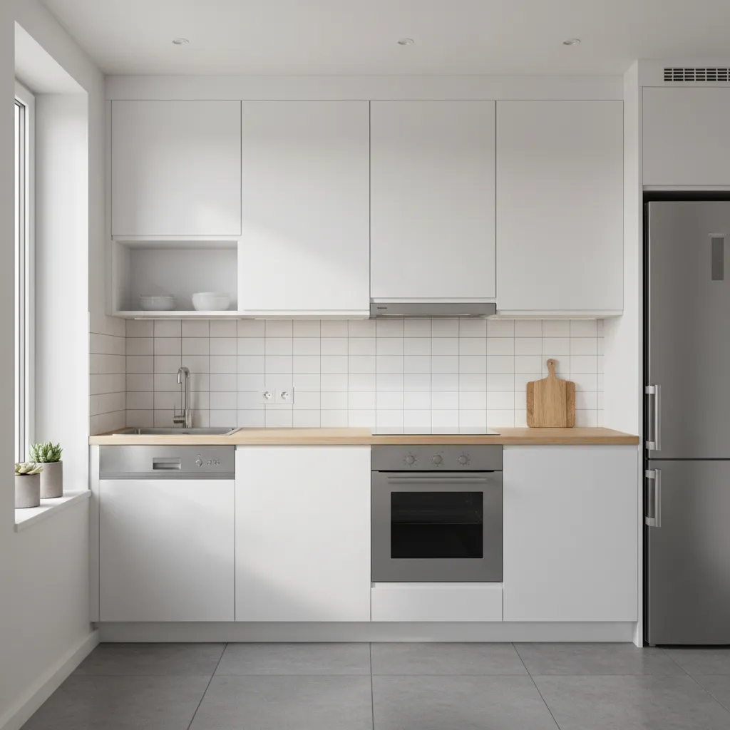 compact L shaped modular kitchen in small apartment with modern cabinets