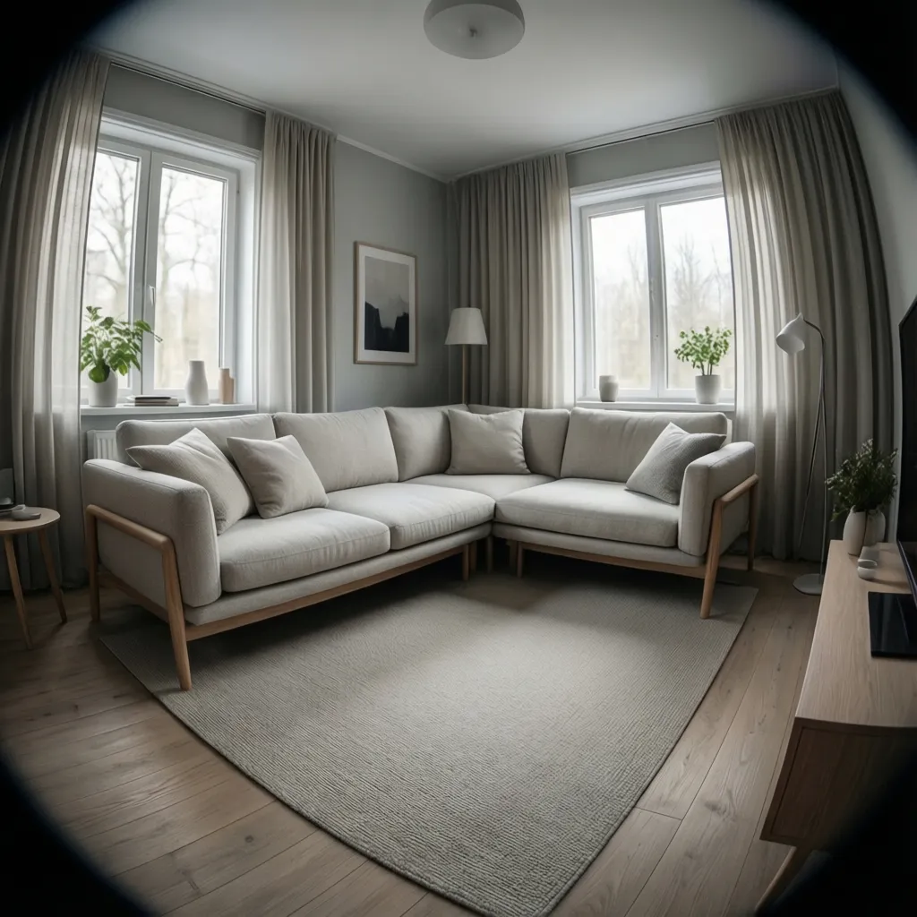 small living room with compact L shaped sectional sofa and light decor