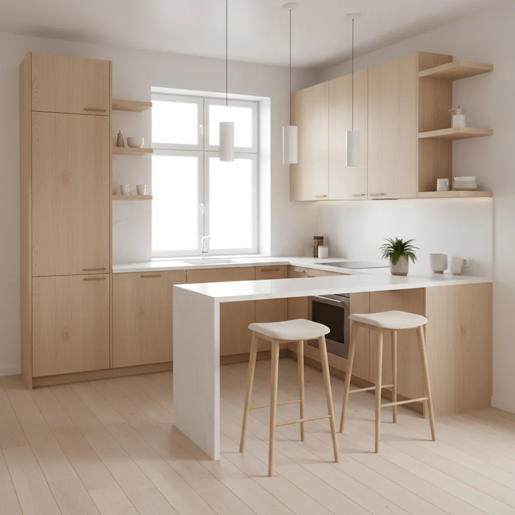 Small L shaped kitchen with compact breakfast bar and two stools