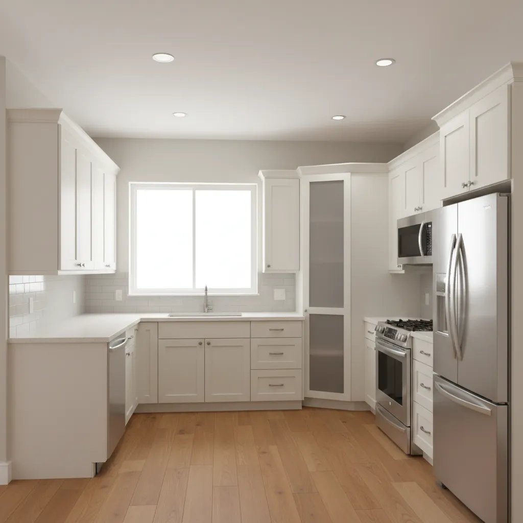 Overview of a small L shaped kitchen with a corner pantry cabinet