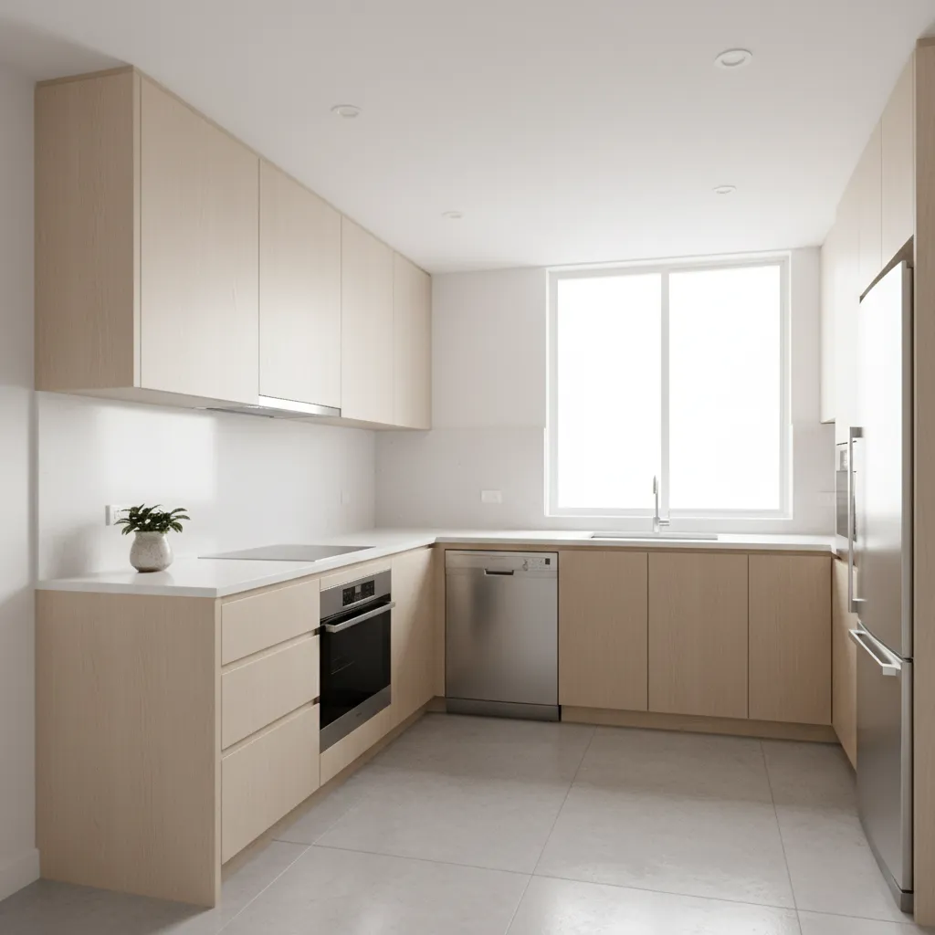 Small L-shaped kitchen with light wood cabinets, white countertops, stainless steel appliances, and large window