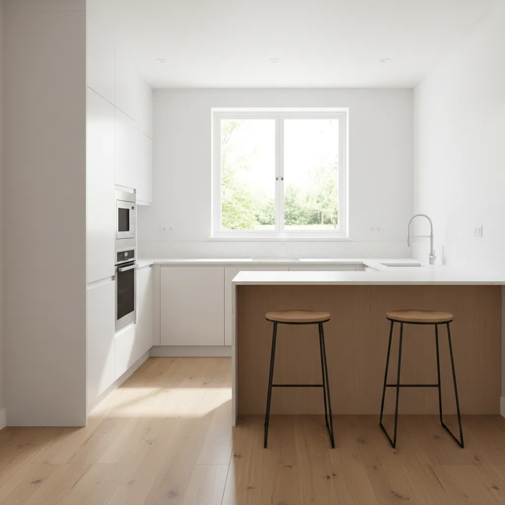 compact L shaped kitchen with slim island and white cabinets