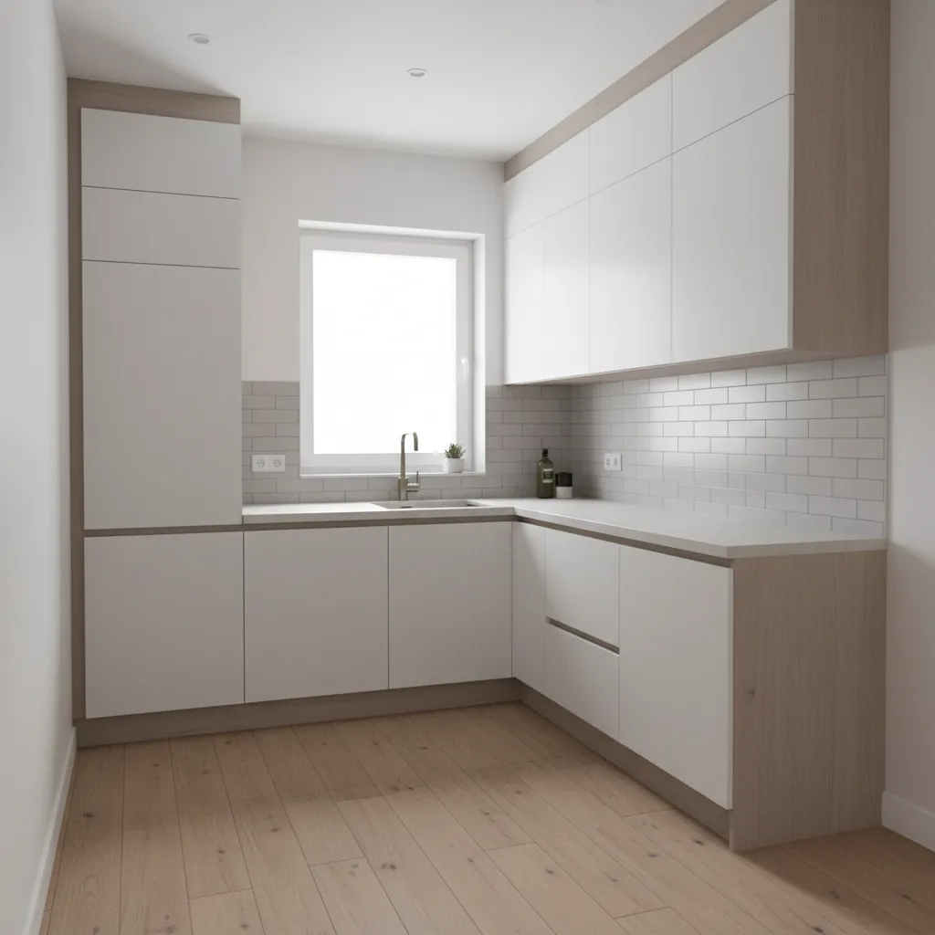 Compact L shaped modular kitchen layout in a small apartment