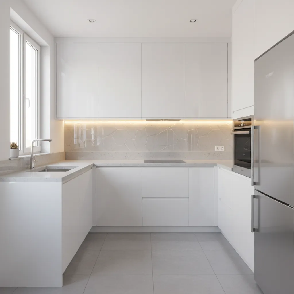 Light colored L-shaped modular kitchen making small space look bigger