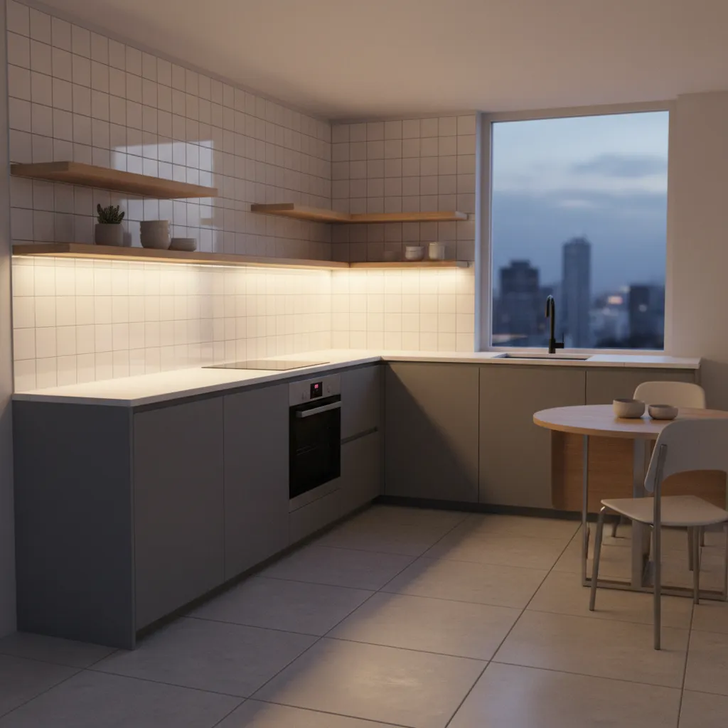 Under cabinet lighting in a small L shaped kitchen making the space brighter