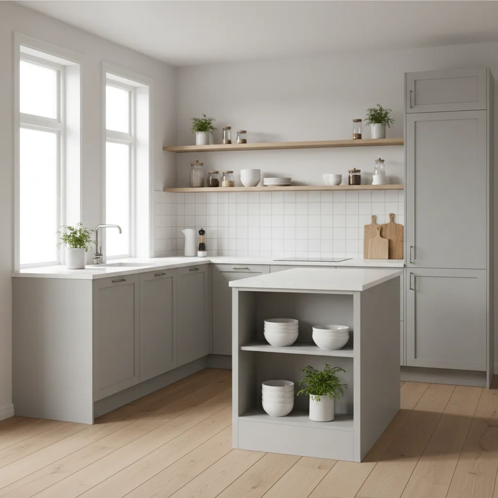 Small L-shaped kitchen with narrow island and storage