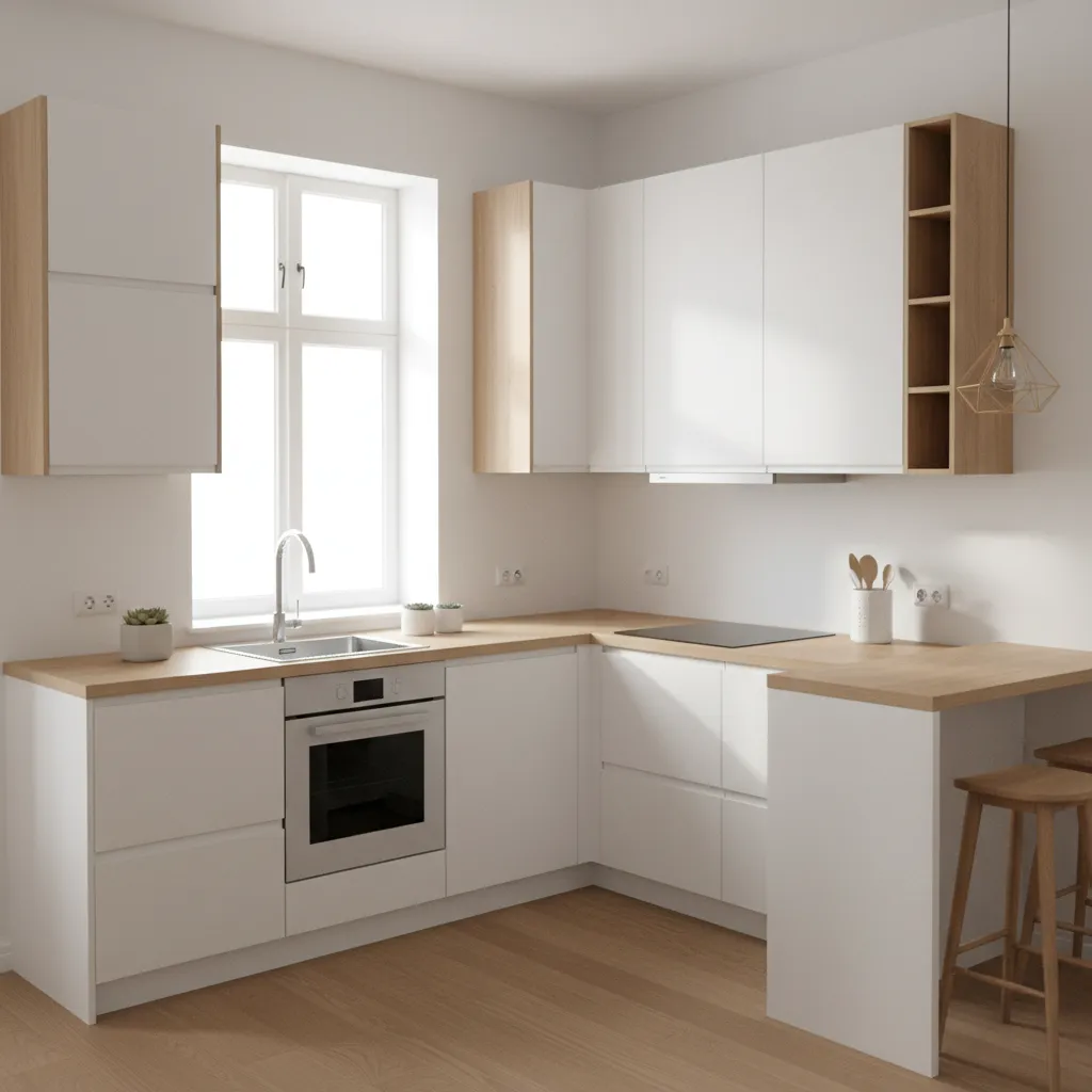 Compact L shaped kitchen layout in a small apartment with white cabinets and wooden countertops