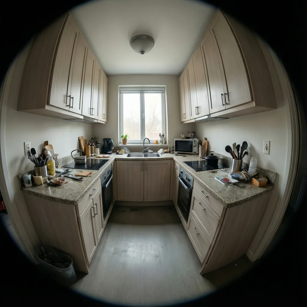 compact l shaped kitchen layout with cabinets along two walls