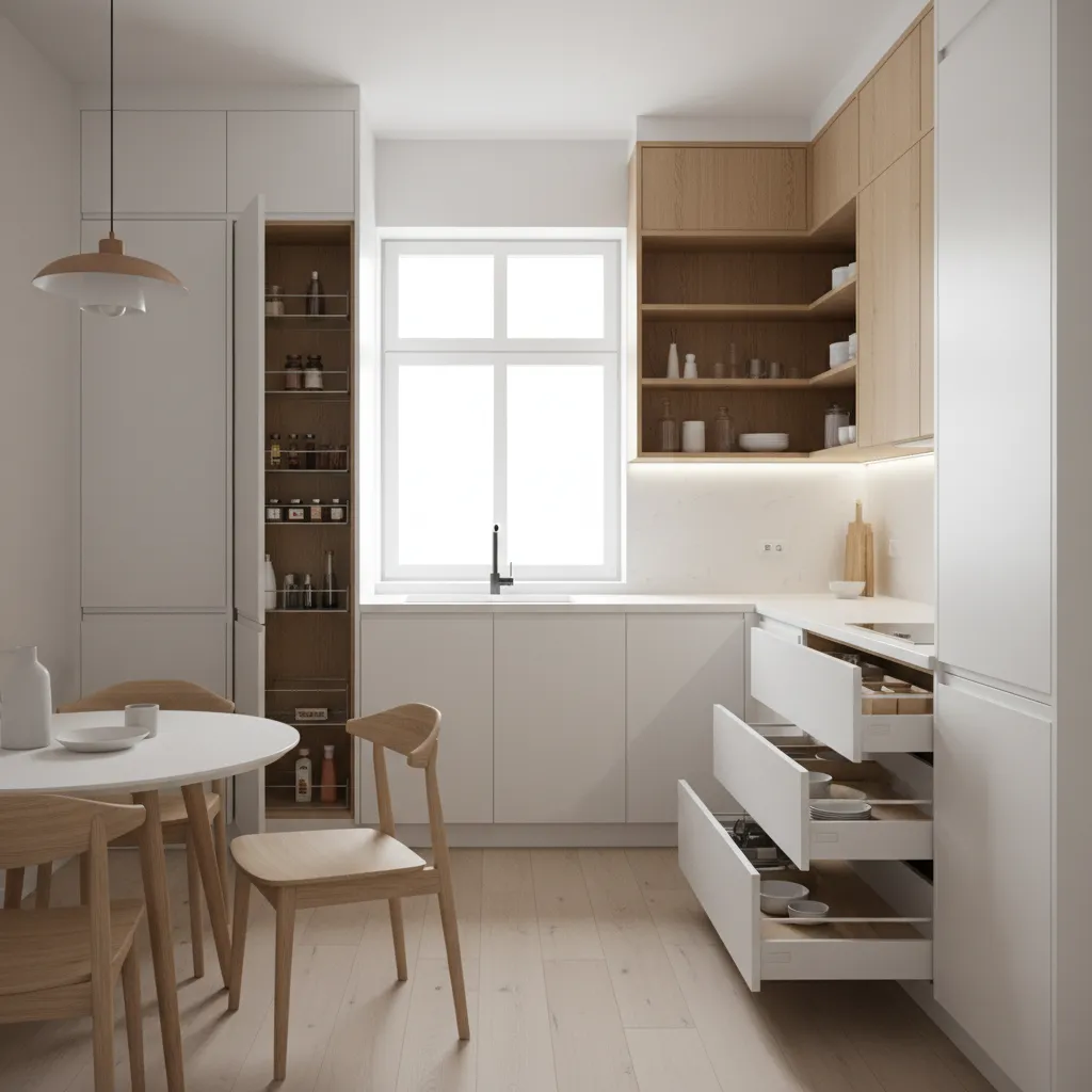 Vertical storage and tall cabinets in a small L shaped kitchen design