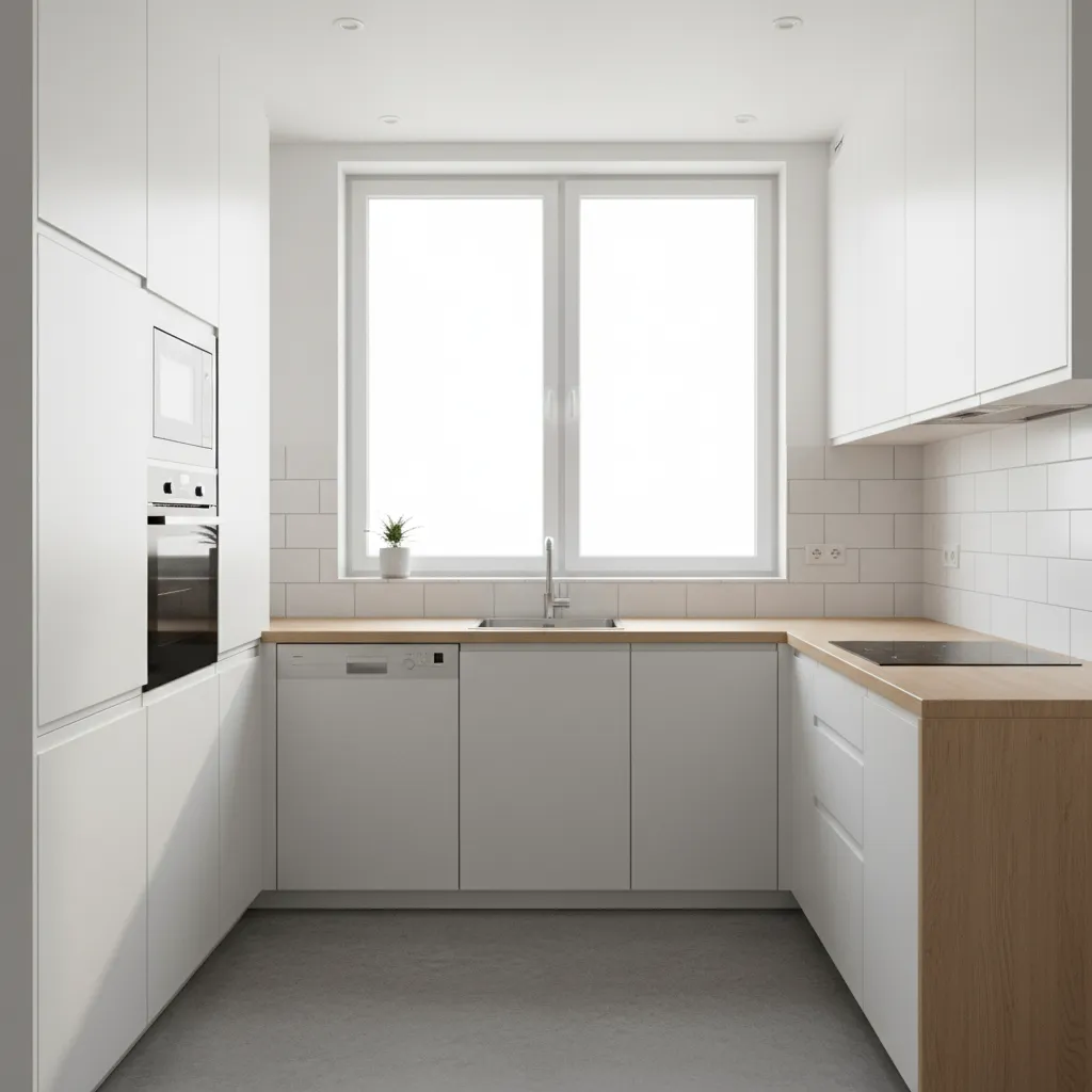 small L shaped kitchen design with sink under window