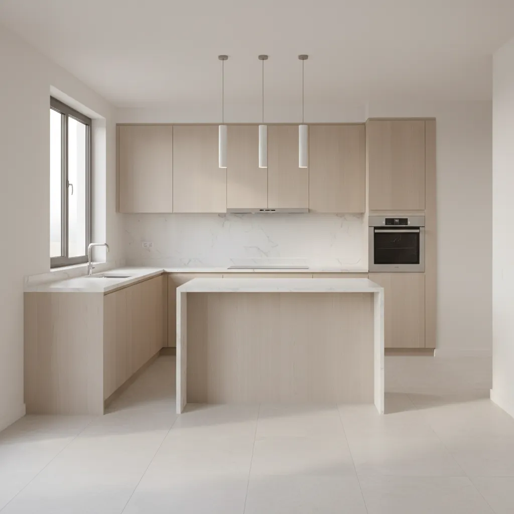 small L shaped kitchen with compact island and open walkway space