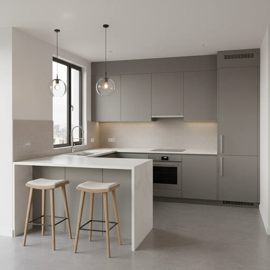 Small L shaped kitchen with peninsula breakfast counter in modern apartment