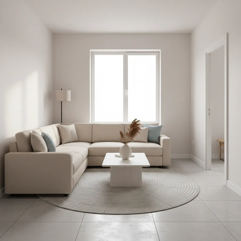 Small living room featuring beige sofa white coffee table round rug floor lamp and window