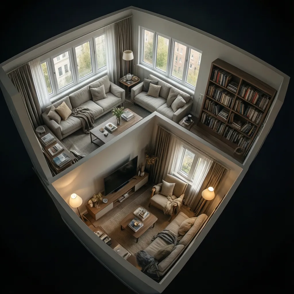 Small L-shaped living room divided into seating and reading zones