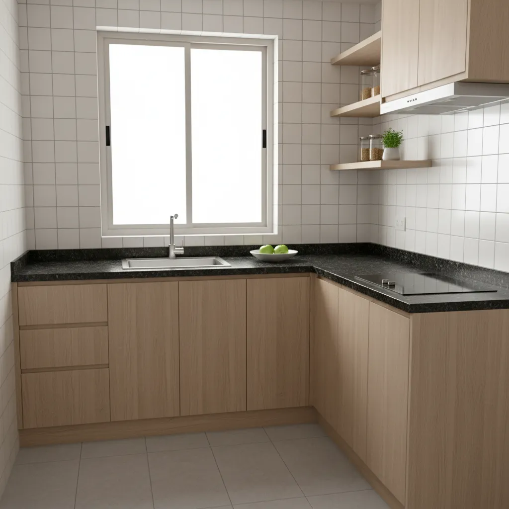 small apartment L shaped modular kitchen layout with laminate cabinets