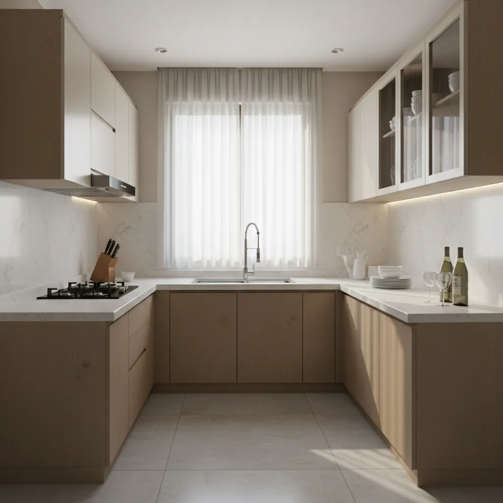 Compact L shaped modular kitchen designed according to Vastu in a small apartment