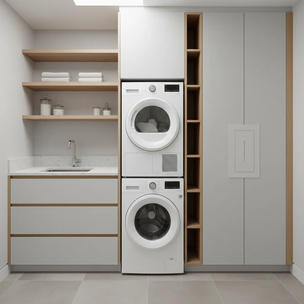 Modern laundry room featuring stacked washer dryer grey cabinets wooden shelves and a small sink