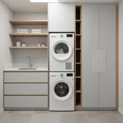 Modern laundry room featuring stacked washer dryer grey cabinets wooden shelves and a small sink