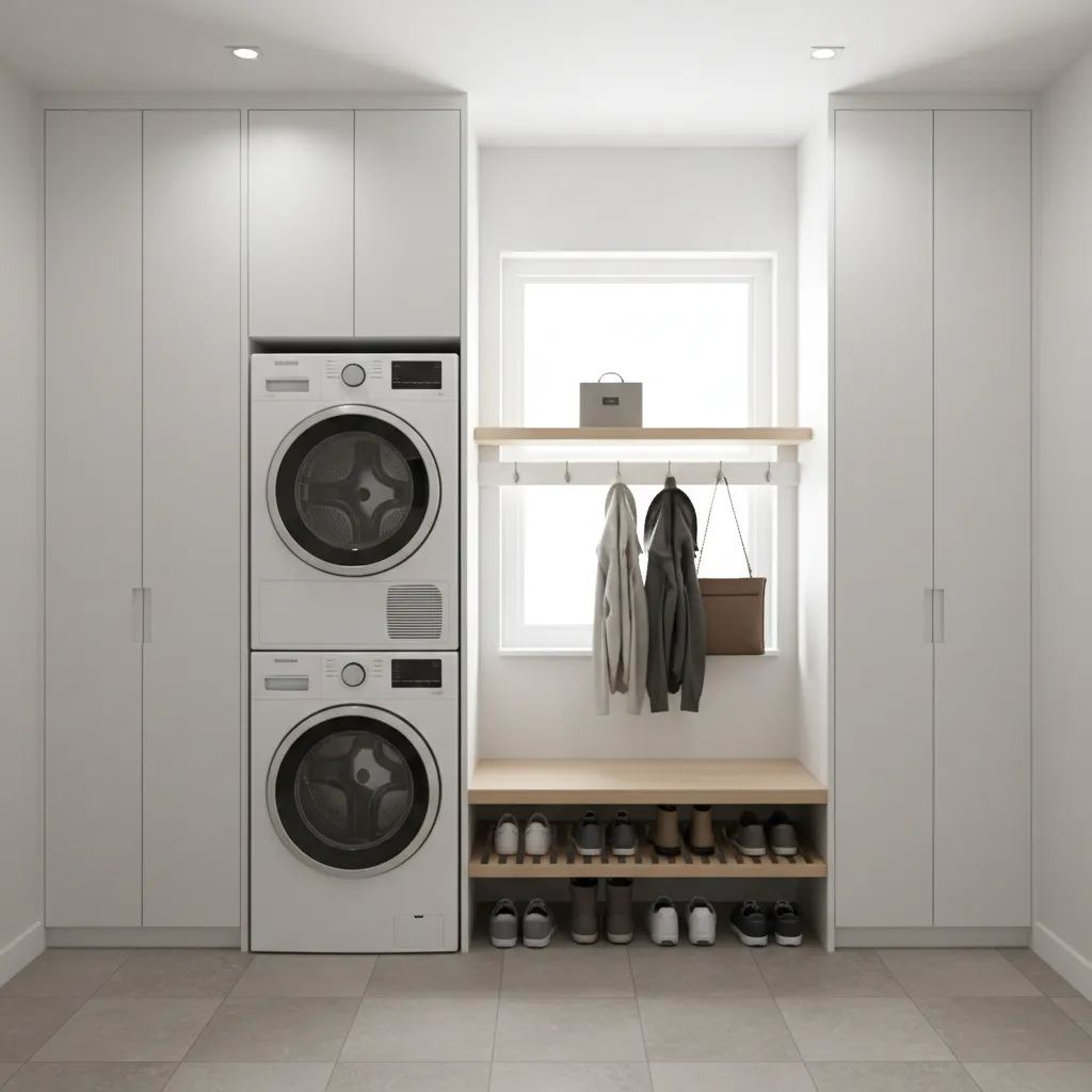 Small laundry mudroom using vertical cabinets and stacked washer dryer