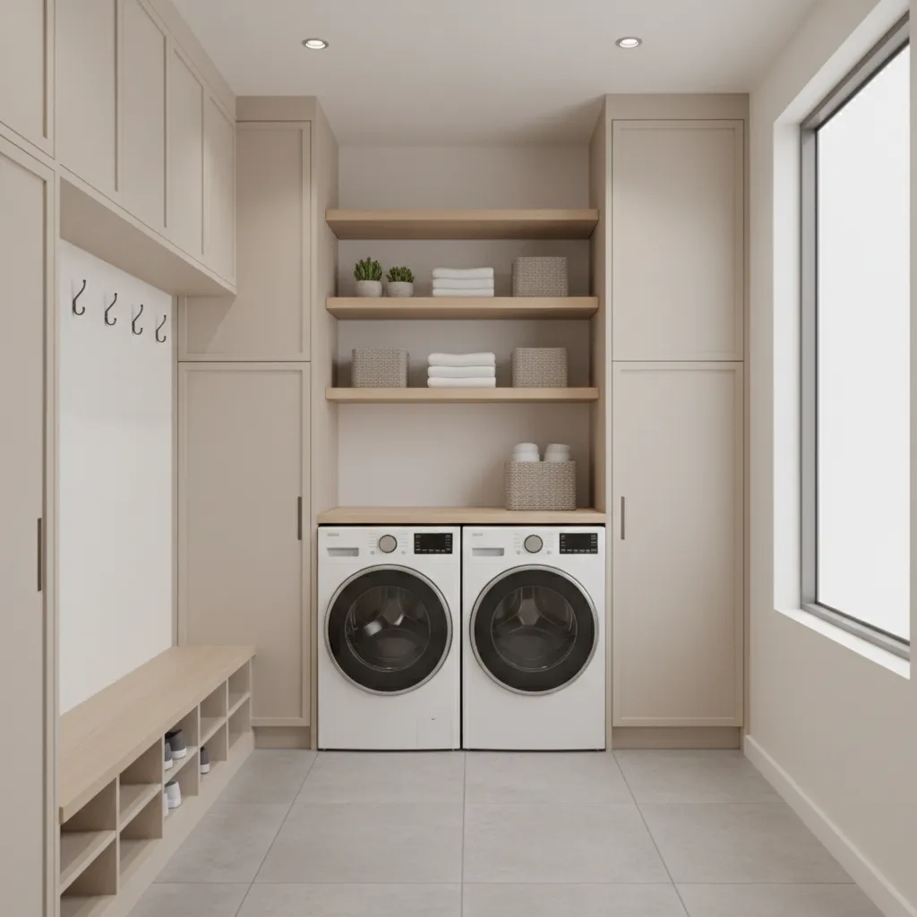 Compact laundry mudroom using vertical cabinets and shelving