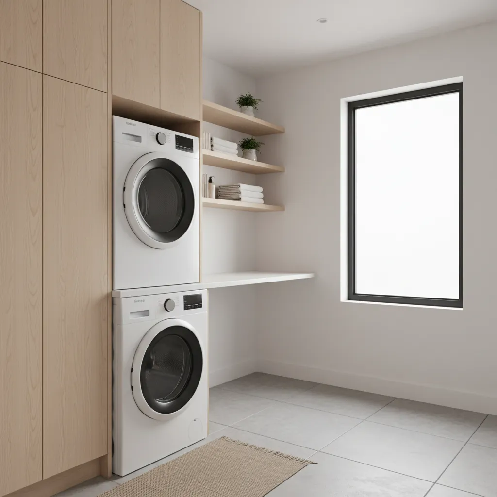 3D rendered small laundry room with stacked washer dryer and storage cabinets